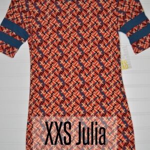 LuLaRoe Julia Dress in Red and Blue Geometric Pattern